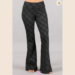 New! Charcoal Grey Plaid Print Bell Bottom Pants
